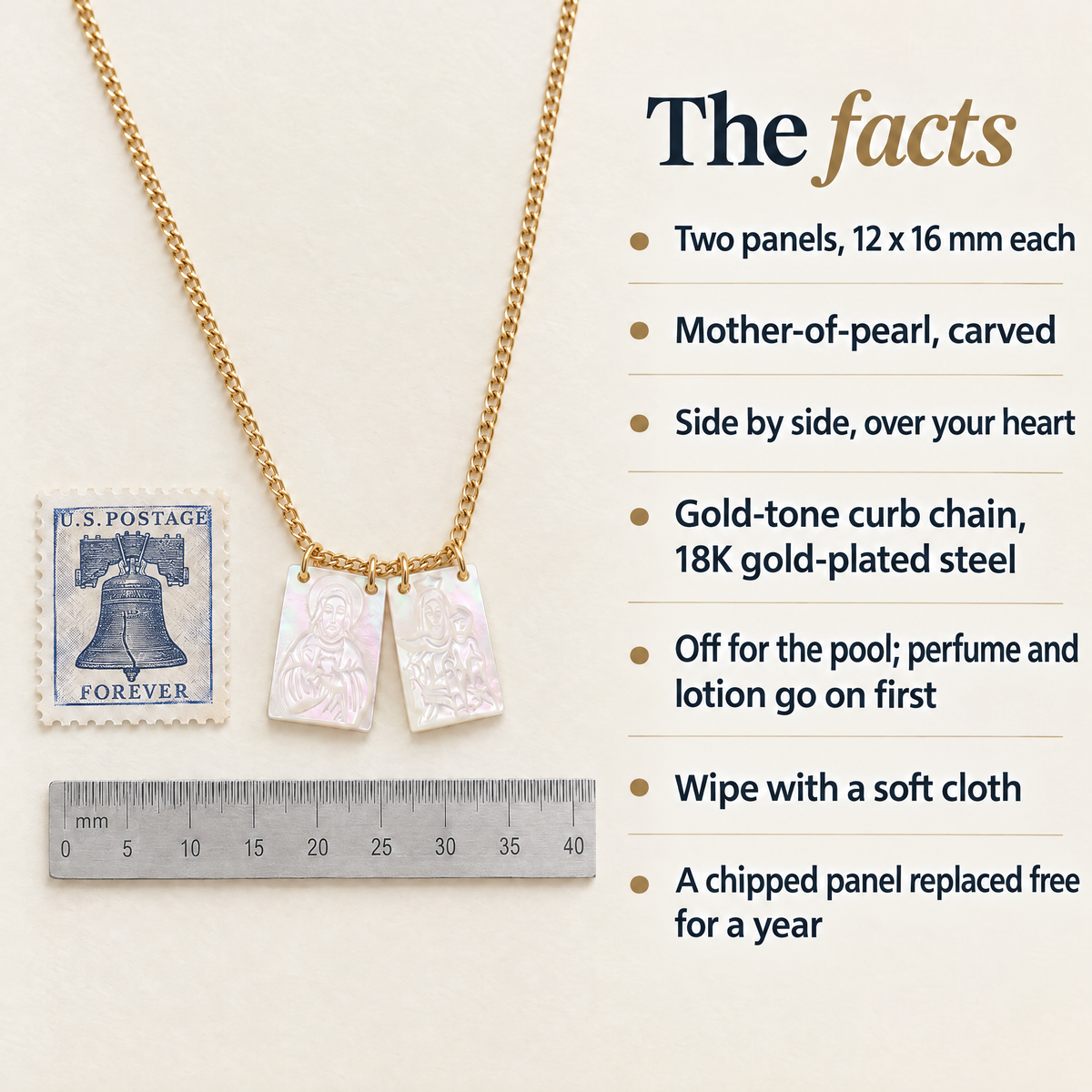 The facts · Two panels, 12 x 16 mm each · Mother-of-pearl, carved · Side by side, over your heart · Gold-tone curb chain, 18K gold-plated steel · Off for the pool; perfume and lotion go on first · Wipe with a soft cloth · A chipped panel replaced free for a year