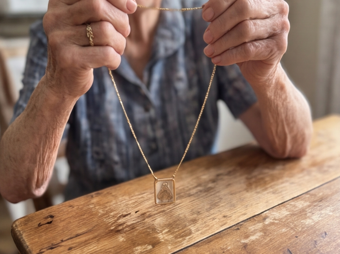 A customer’s photo of the mother-of-pearl scapular
