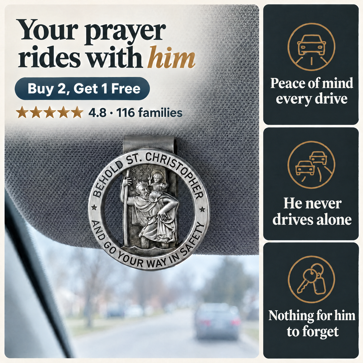 Your prayer rides with him · Buy 2, Get 1 Free · ★★★★★ 4.8 · 116 families · Peace of mind every drive · He never drives alone · Nothing for him to forget