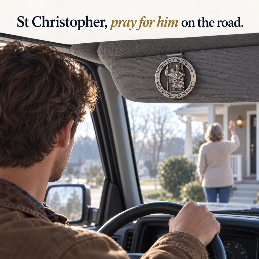 St Christopher, pray for him on the road.