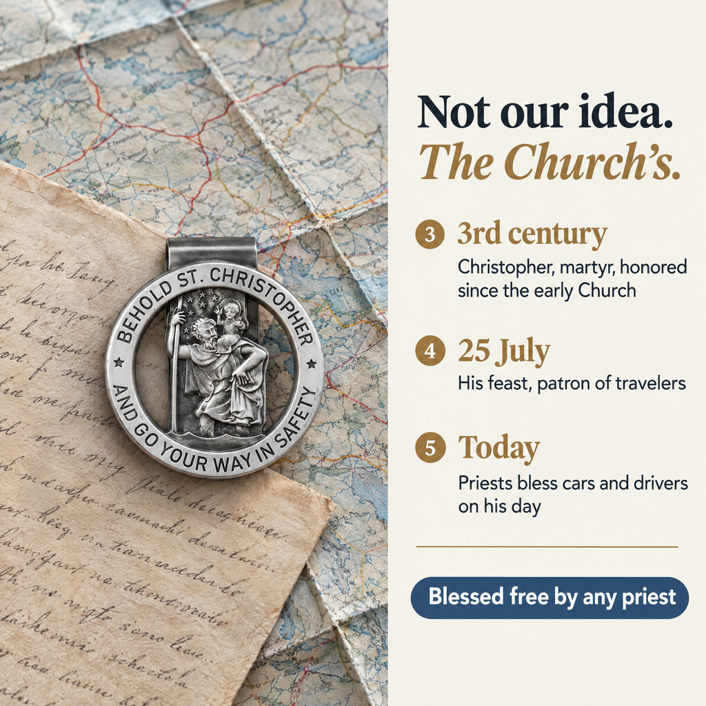 Not our idea. The Church's. · 3rd century · Christopher, martyr, honored since the early Church · 25 July · His feast, patron of travelers · Today · Priests bless cars and drivers on his day · Blessed free by any priest
