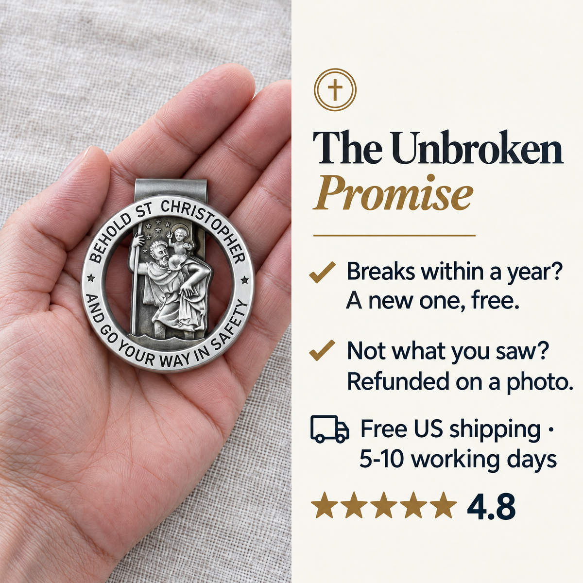 The Unbroken Promise · Breaks within a year? A new one, free. · Not what you saw? Refunded on a photo. · Free US shipping · 5-10 working days · ★★★★★ 4.8