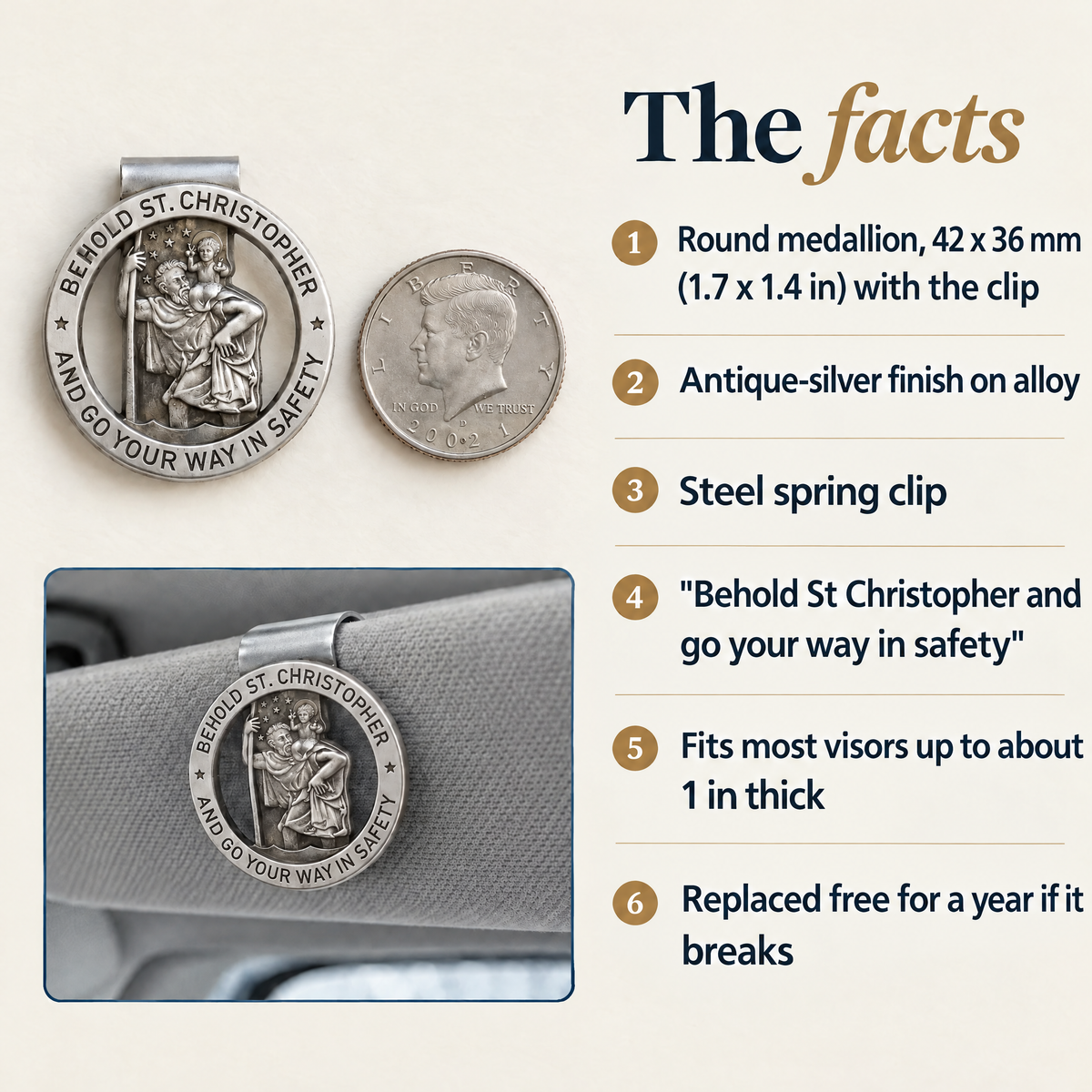 The facts · Round medallion, 42 x 36 mm (1.7 x 1.4 in) with the clip · Antique-silver finish on alloy · Steel spring clip · "Behold St Christopher and go your way in safety" · Fits most visors up to about 1 in thick · Replaced free for a year if it breaks