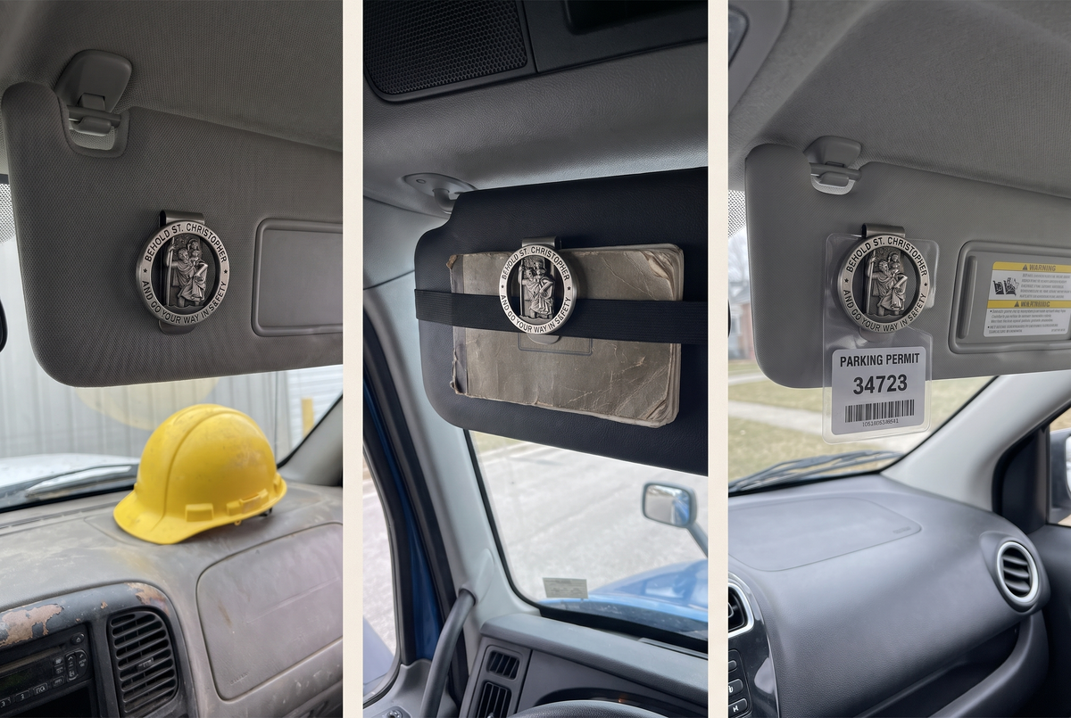 The St Christopher visor clip worn by three people